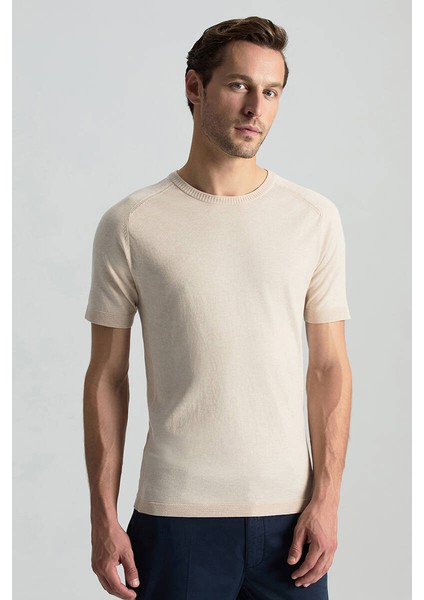 Bisiklet Yaka Krem Rengi Giza Pamuk Triko T-Shirt