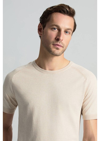 Bisiklet Yaka Krem Rengi Giza Pamuk Triko T-Shirt modelleri