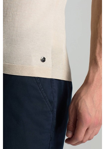 Bisiklet Yaka Krem Rengi Giza Pamuk Triko T-Shirt indirimleri