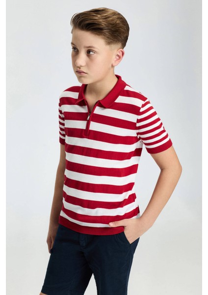 Fermuar Detaylı Kırmızı Beyaz Çizgili Merserize Pamuk Çocuk Triko Polo