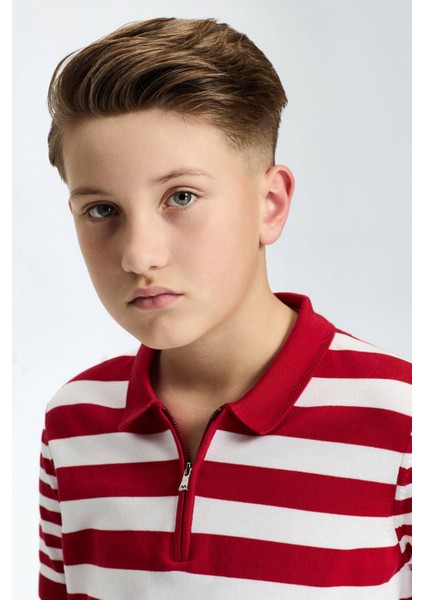 Fermuar Detaylı Kırmızı Beyaz Çizgili Merserize Pamuk Çocuk Triko Polo modelleri