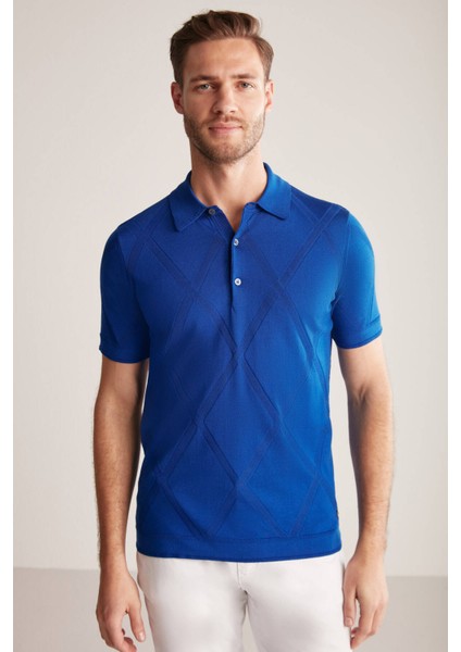 Baklava Desen İndigo Mavi Merserize Pamuk Triko Polo