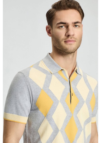 Gri Sarı Baklava Desen Triko Polo