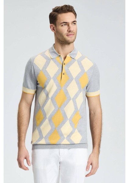 Gri Sarı Baklava Desen Triko Polo fırsatları