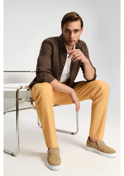 Saf Keten Bağcıklı Turuncu Pantolon