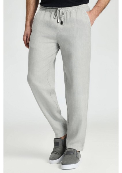 Saf Keten Bağcıklı Açık Gri Pantolon