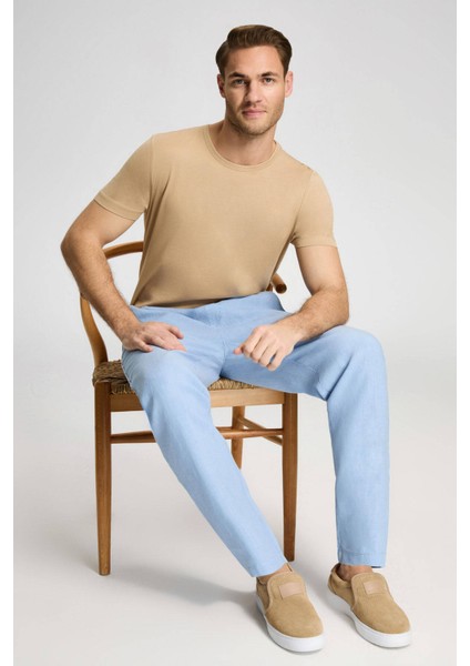 Saf Keten Bağcıklı Gök Mavisi Pantolon