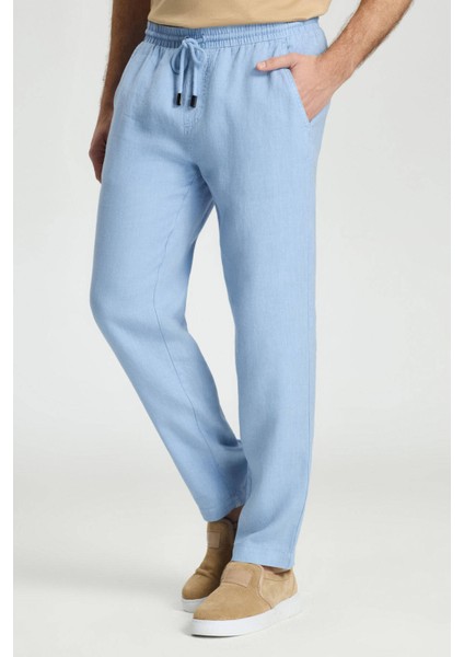 Saf Keten Bağcıklı Gök Mavisi Pantolon fiyatları