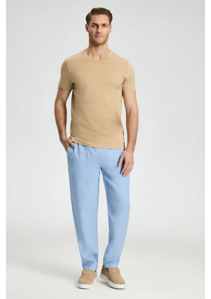 Saf Keten Bağcıklı Gök Mavisi Pantolon modelleri