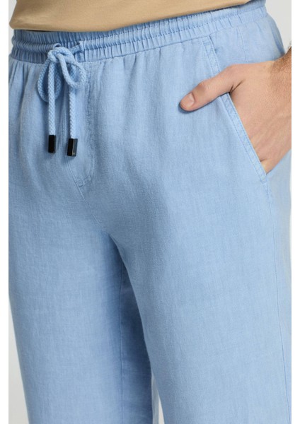 Saf Keten Bağcıklı Gök Mavisi Pantolon fırsatları