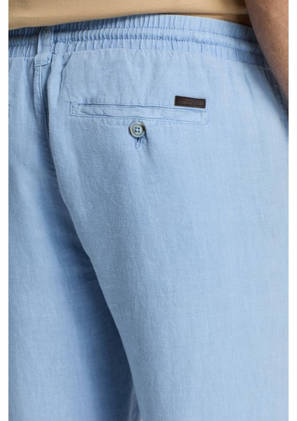 Saf Keten Bağcıklı Gök Mavisi Pantolon indirimleri