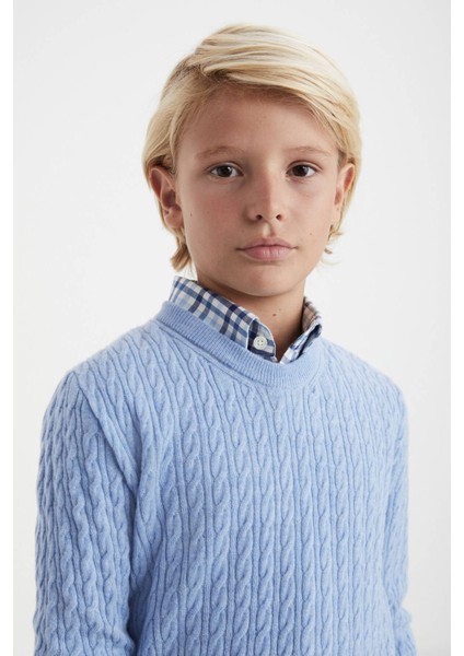 Saç Örgü Desenli Lambswool Buz Mavisi Çocuk Kazak
