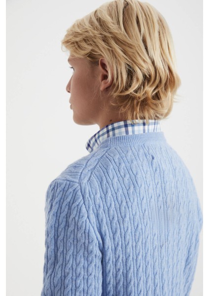 Saç Örgü Desenli Lambswool Buz Mavisi Çocuk Kazak modelleri