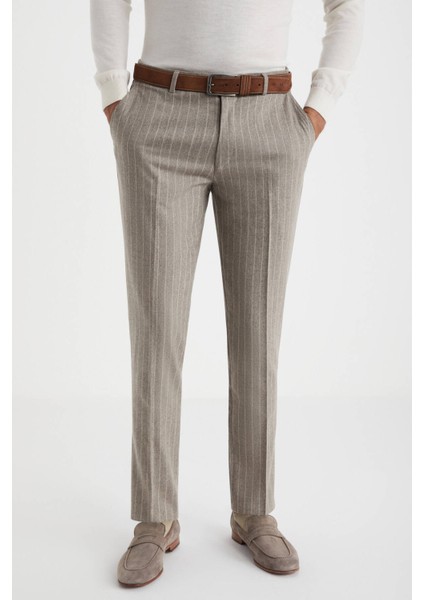 Kaşmir Karışım Flanel Chino Bej Çizgili Camel Pantolon