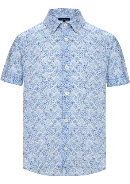 Etnik Desenli Gök Mavisi Kısa Kollu Tencel Çocuk Gömlek