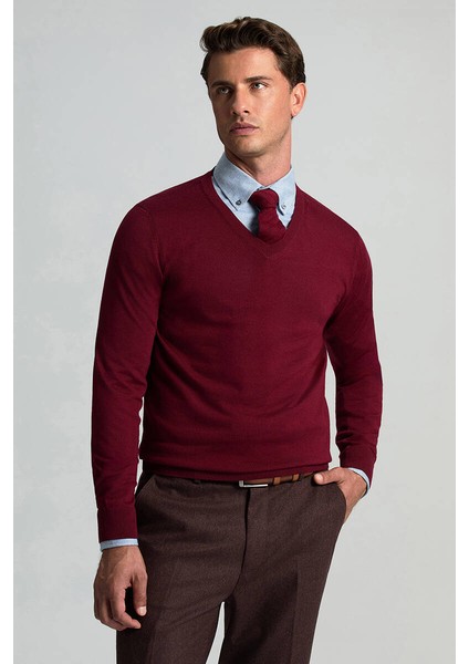 V Yaka Merino Yün Bordo Triko