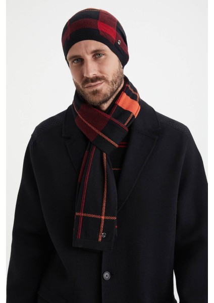 Çizgi Desenli Siyah Merino Yün Atkı