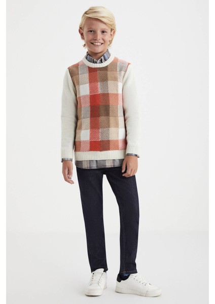 Kaşmir Merino Yün Karışım Tartan Desen Ekru Turuncu Çocuk Kazak fiyatları