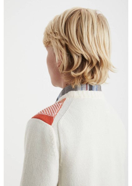 Kaşmir Merino Yün Karışım Tartan Desen Ekru Turuncu Çocuk Kazak modelleri