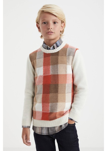 Kaşmir Merino Yün Karışım Tartan Desen Ekru Turuncu Çocuk Kazak indirimleri