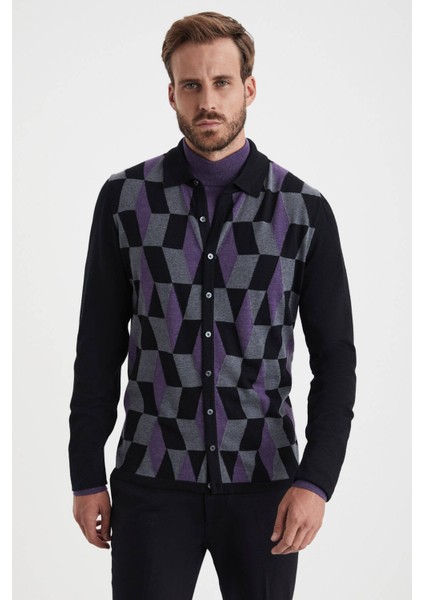 Desenli Merino Yün Siyah Triko Gömlek