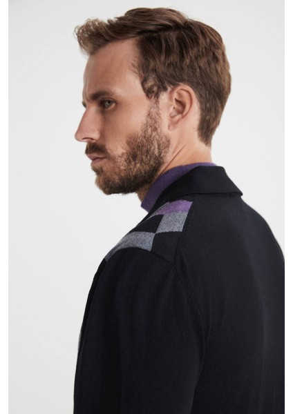 Desenli Merino Yün Siyah Triko Gömlek modelleri