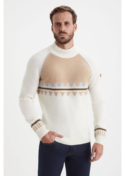 Kaşmir Karışım Yarım Balıkçı Yaka Ekru Kazak