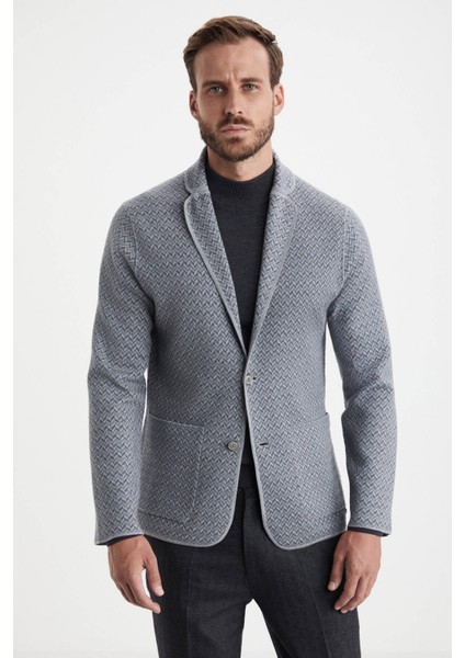 Balıksırtı Desenli Çift Yönlü Açık Gri Merino Yün Triko Ceket