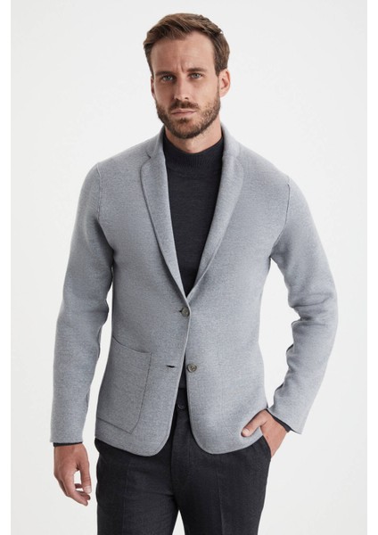 Balıksırtı Desenli Çift Yönlü Açık Gri Merino Yün Triko Ceket fırsatları