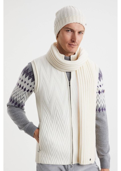Örgü Desenli Merino Yün Ekru Atkı