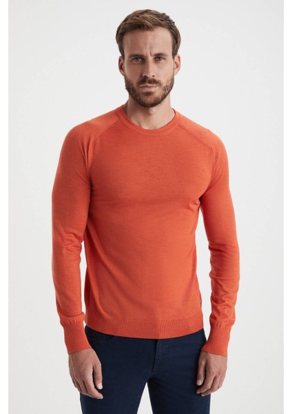 Slim Fit Bisiklet Yaka Turuncu Merino Yün Triko