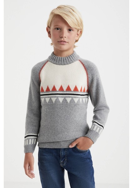 Kaşmir Karışım Yarım Balıkçı Yaka Gri Çocuk Kazak