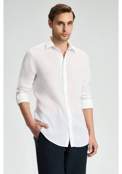 Çizgi Desenli Beyaz Saf Pamuk Gömlek