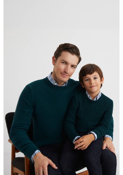 Saç Örgü Desenli Lambswool Koyu Yeşil Çocuk Kazak