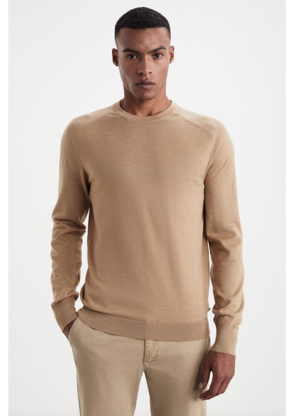 Slim Fit Bisiklet Yaka Camel Merino Yün Triko