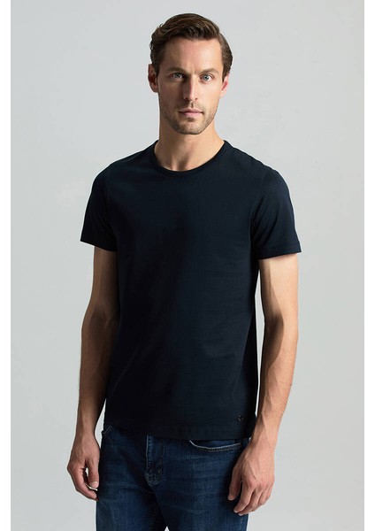 Bisiklet Yaka Lacivert Basic T-Shirt