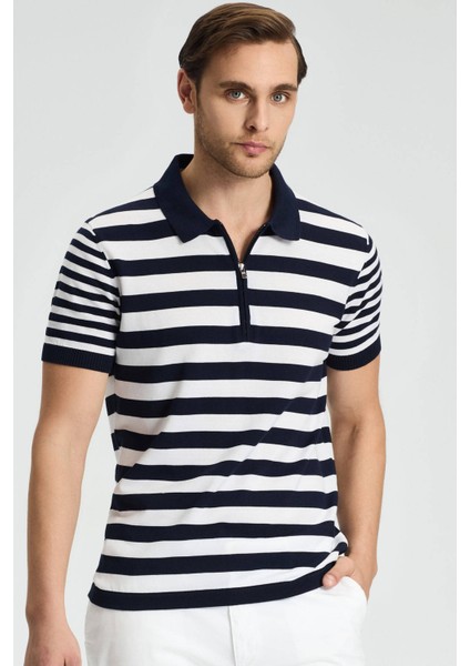 Fermuar Detaylı Beyaz Lacivert Çizgili Merserize Pamuk Triko Polo