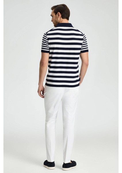 Fermuar Detaylı Beyaz Lacivert Çizgili Merserize Pamuk Triko Polo indirimleri