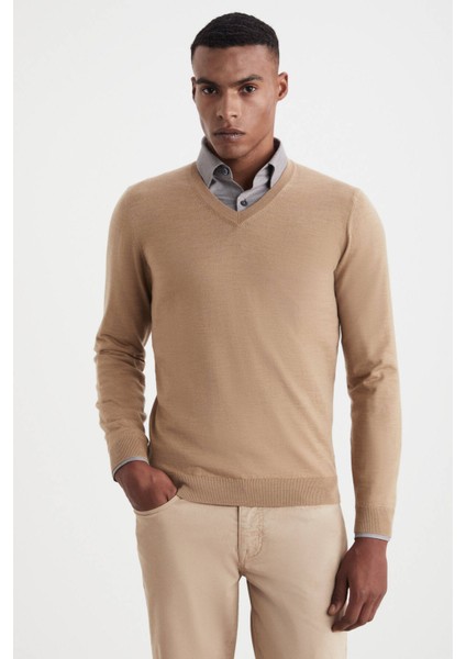 V Yaka Merino Yün Camel Triko fırsatları