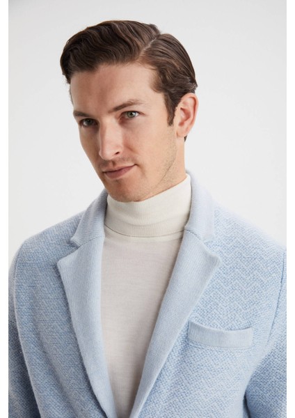 Balıksırtı Desenli Saf Kaşmir Buz Mavisi Triko Ceket