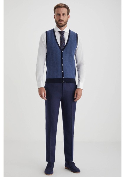 Herringbone Desen Lacivert Extrafine Merino Triko Yelek fiyatları