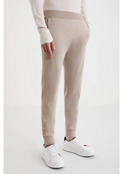 Camel Merino Yün Activewear Şerit Detaylı Triko Pantolon