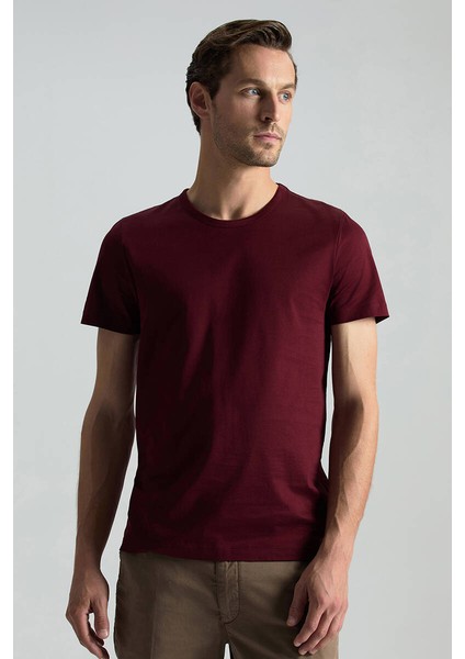Bisiklet Yaka Bordo Basic T-Shirt