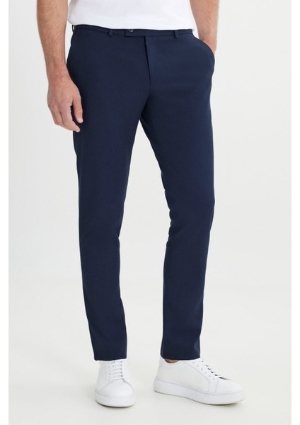Erkek Lacivert Slim Fit İtalyan Kesim Yan Cepli Esnek Casual Pantolon