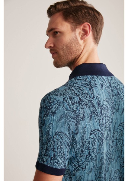 Etnik Desenli Lacivert-Mavi Giza Pamuk Triko Polo modelleri