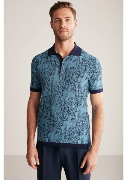 Etnik Desenli Lacivert-Mavi Giza Pamuk Triko Polo indirimleri