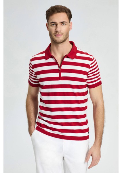 Fermuar Detaylı Kırmızı Beyaz Çizgili Merserize Pamuk Triko Polo