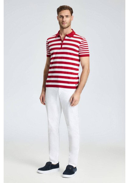 Fermuar Detaylı Kırmızı Beyaz Çizgili Merserize Pamuk Triko Polo fiyatları