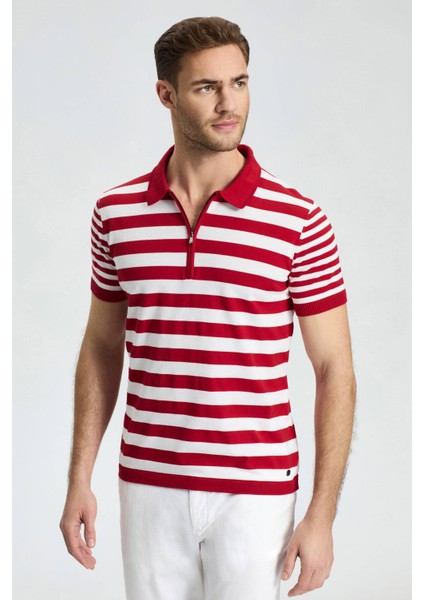 Fermuar Detaylı Kırmızı Beyaz Çizgili Merserize Pamuk Triko Polo modelleri