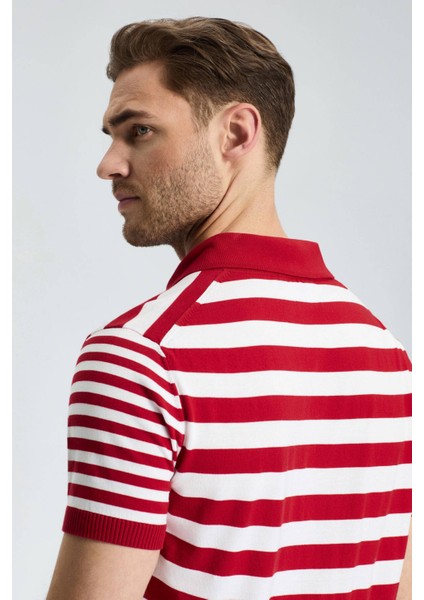 Fermuar Detaylı Kırmızı Beyaz Çizgili Merserize Pamuk Triko Polo indirimleri